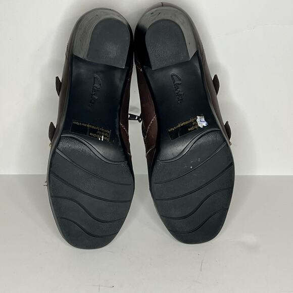Clarks Women's Brown Booties Size 7.5M Bendable Leather Double Monk Strap Heels - Picture 7 of 11
